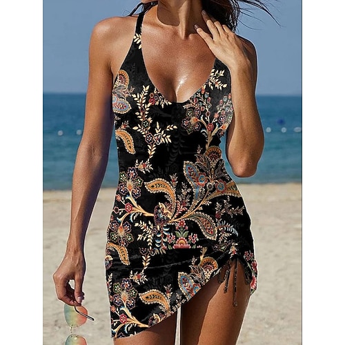 Damen Badeanzug Tankini Rock Bademode Elegant Urlaub Blumen Grafik V Ausschnitt Ärmellos Badeanzüge Image