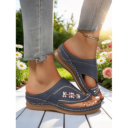 Bestickte Plateau-Sandalen im Boho-Stil für Damen – bequeme Pantoletten mit Zehenschlaufe für drinnen und draußen, Sommerurlaub und entspanntes Beisammensein Image