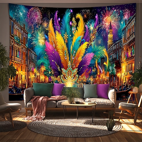Karneval Tapisserie Banner Decke Maske Feder Luxus Bunt 3D Party Wohnzimmer Hintergründe aufnehmen Maskerade Wohndeko Image