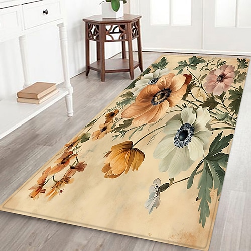 Rutschfester Flurläufer mit Pflanzen-, Blumen- und Blattmuster, bedruckte Flanell-Fußmatte für Eingangsbereich, Badezimmer und Wohnbereich Image