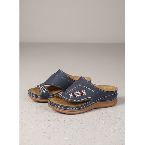 Bestickte Plateau-Sandalen im Boho-Stil für Damen – bequeme Pantoletten mit Zehenschlaufe für drinnen und draußen, Sommerurlaub und entspanntes Beisammensein Image