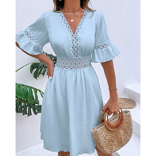 Damen Minikleid Spitzenkleid Mode Modern Outdoor Ferien Ausgehen Normale Passform Einfach Kurzarm V Ausschnitt Weiß Gelb Rote Khaki Sommer Frühling Image