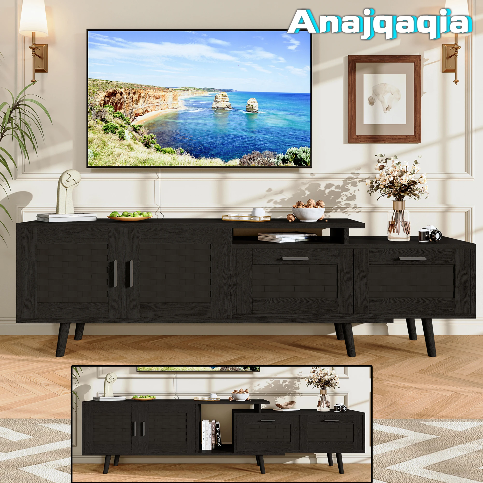 Anajqaqia Meuble TV extensible 146-180 cm, table TV avec 2 tiroirs et 2 portes en rotin, meuble bas TV, meuble TV, pour salon, chambre à coucher