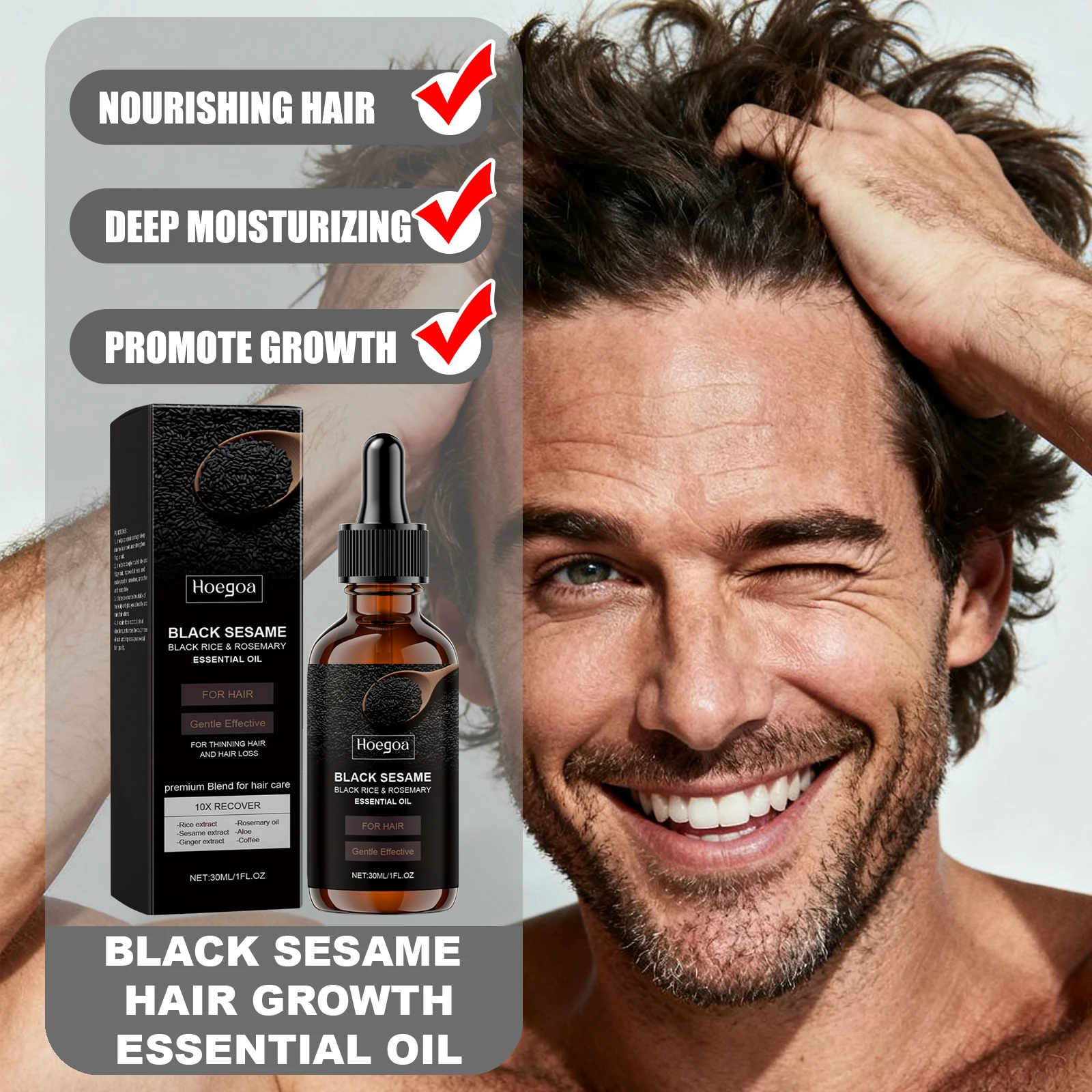 HOEGOA Schwarzer Sesam, verdicktes Haar, ätherisches Öl, tief nährend, Kopfhaut, hält das Haar gesund, verbessert die Haarstruktur Image