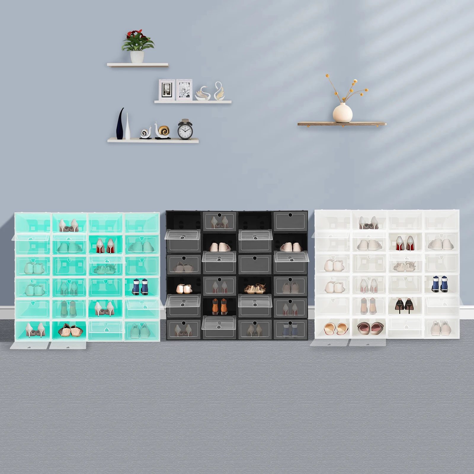 Große 24-teilige stapelbare Schuhkarton, Flip-Top-PP-Schuhaufbewahrungsorganisator, transparent/schwarz/weiß, 139,05,5,5 Zoll