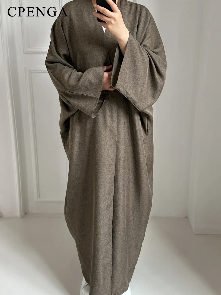 Eid Ramadan Offene Abaya für Frauen Plain Dubai Kausal Baumwolle Leinen Modest Abayas Kimono Türkei Muslimischen Mantel Islamische Kleidung Robe Image