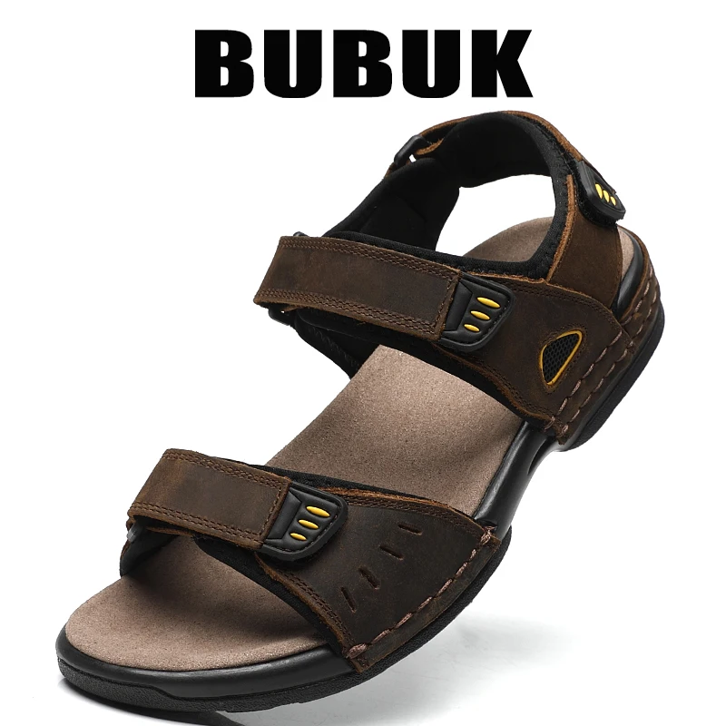 Bubuk Herren-Sandalen aus erstklassigem Rindsleder, Sommer-Outdoor-Strandschuhe, verstellbares Design, mit Fußgewölbeunterstützung, stilvolle, atmungsaktive, lässige Herrenschuhe, geeignet für Reisen, Image