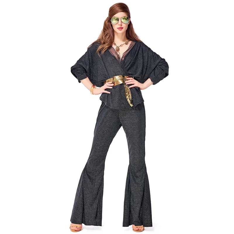 Halloween Retro 70er 80er Hippie Disco Dazzler Kostüm für Erwachsene Frauen Wrap Top Bell Bottom Set Glitzer Schwarze Kostüme