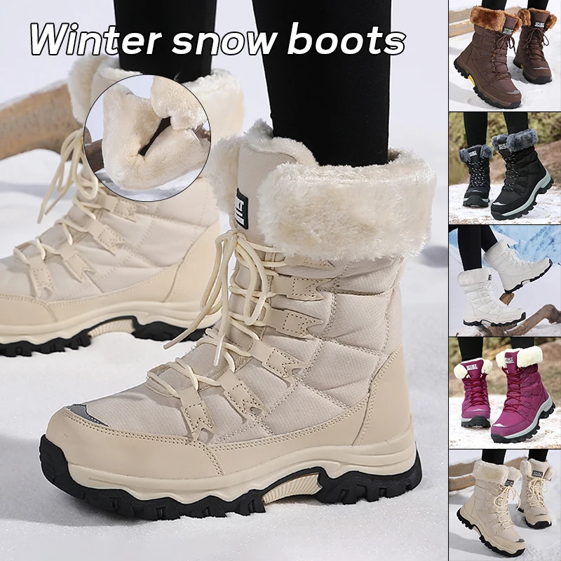 Damen-Schneestiefel, warmes Fell, Winterstiefel mit mittlerer Wade, mit Plüsch gefüttert, wasserdicht, rutschfest, Wanderstiefel, Damen-Winterschuhe, Größe 43