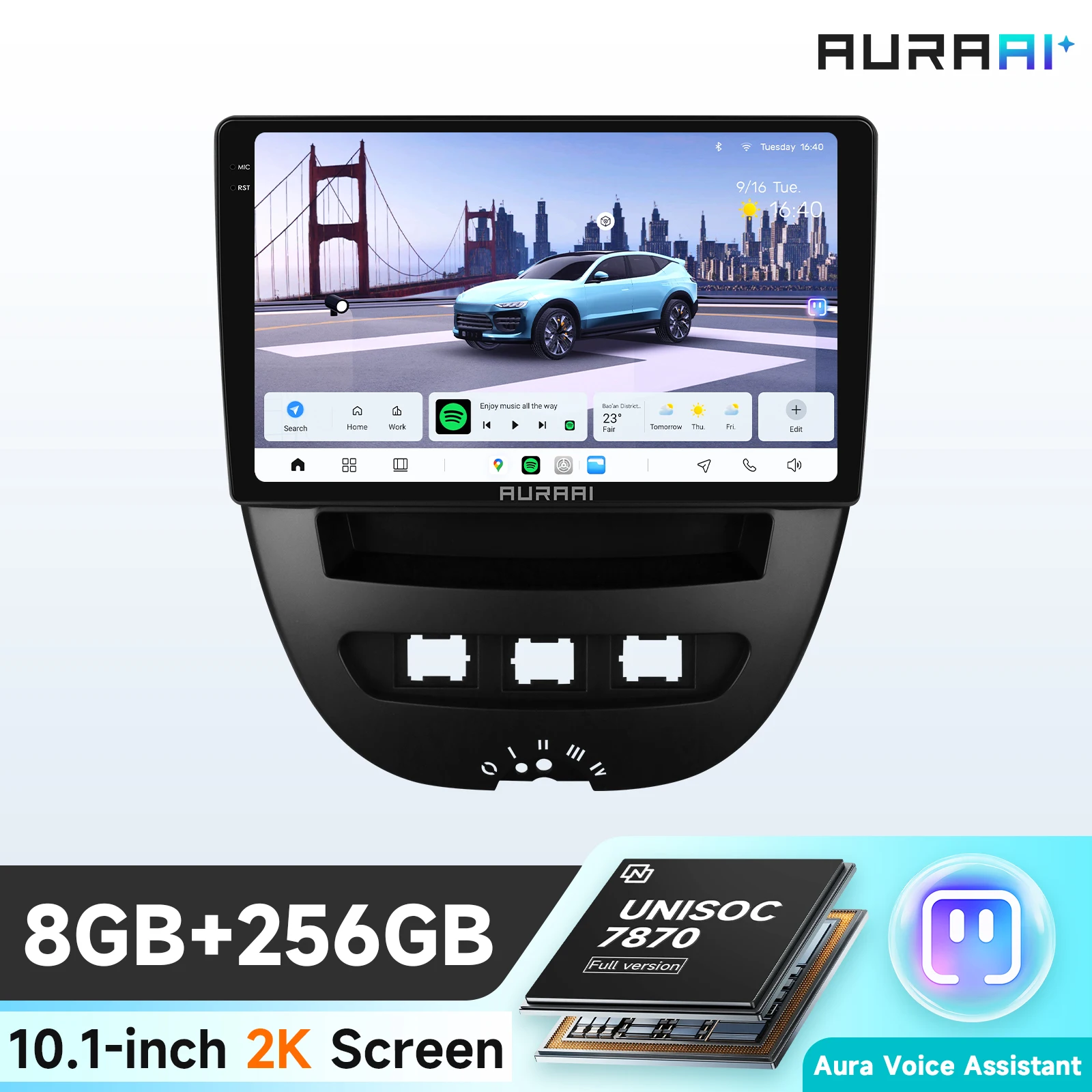 AURAAI Intelligente Android Auto Radio Für Peugeot 107 Toyota Aygo Citroen C1 2005-2014 ADAS 360 Kamera 2K Bildschirm 8G 256G UIS7870 Image