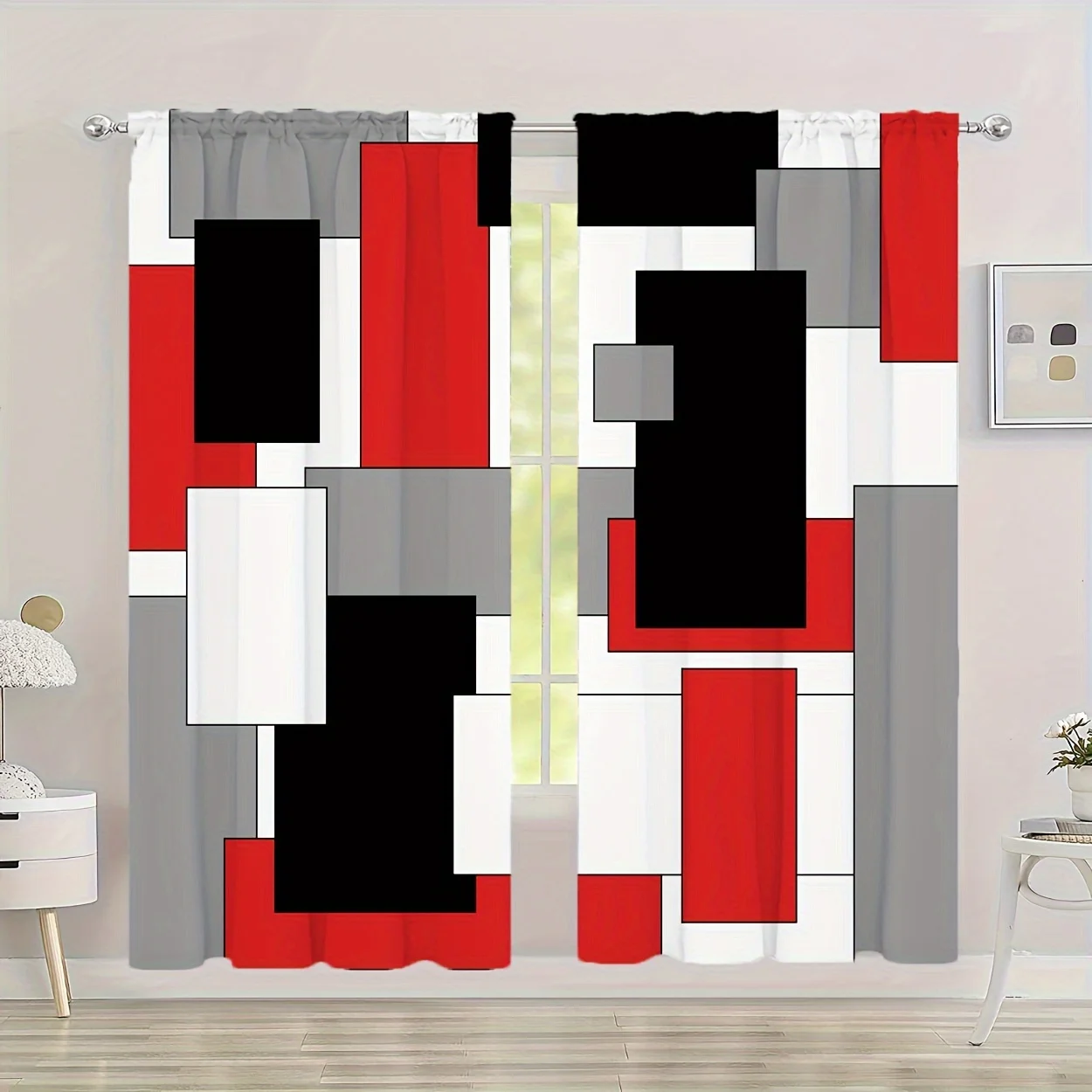 2 Stück geometrische Mustervorhänge, dekorative Fenstervorhänge mit Stangentasche, Fensterbehandlungen für Schlafzimmer, Wohnzimmer, Arbeitszimmer, Heimdeko Image