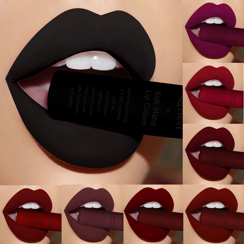 QIBEST Mattflüssiger Lippenstift, wasserdicht, langlebig, samtiger Lipgloss, Tönungsröhre, nacktes Pigment, Rot, Schwarz, Lila, Orange, Lippenstifte, Make-up Image