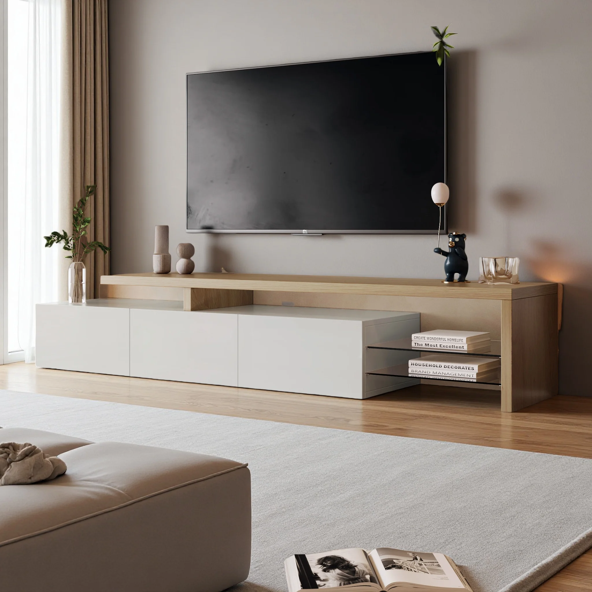 Rosahqnda TV-Schrank für Wohnzimmer, TV-Lowboard, Sideboard, mit LED, 2 Glastrennwände, 3 Schubladen, Weiß Hochglanz