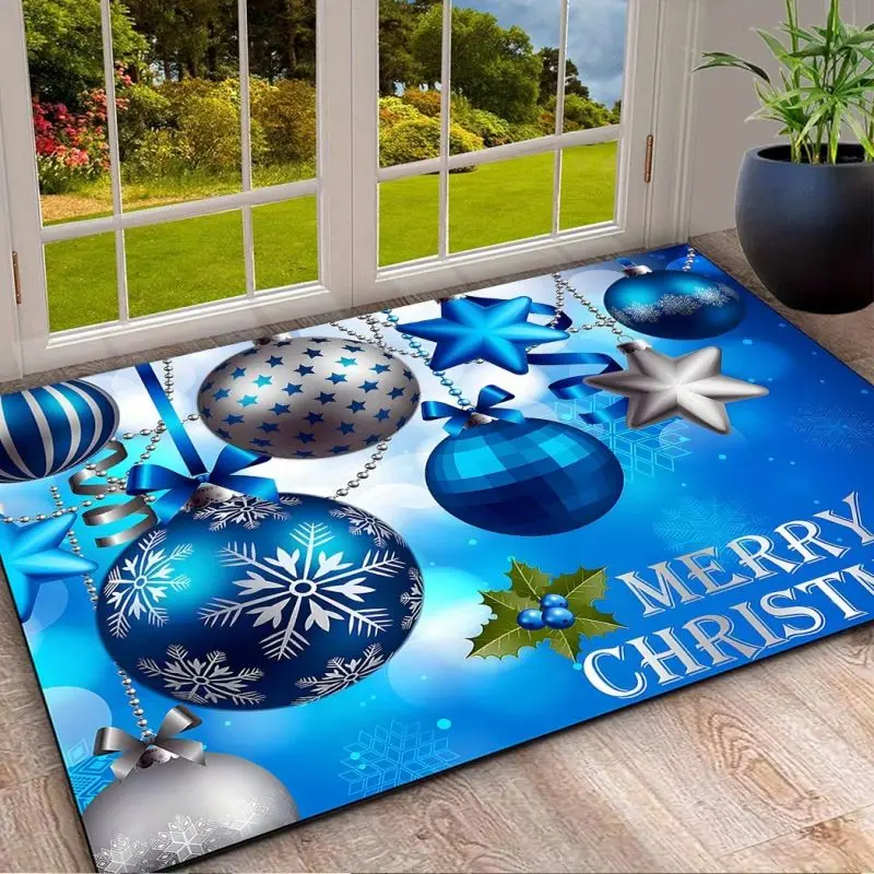 Frohe Weihnachten Willkommen Fußmatte Blaue Ornamente Stern Rutschfester maschinenwaschbarer Teppich für Wohnzimmer Schlafzimmer Küche Wäscherei R