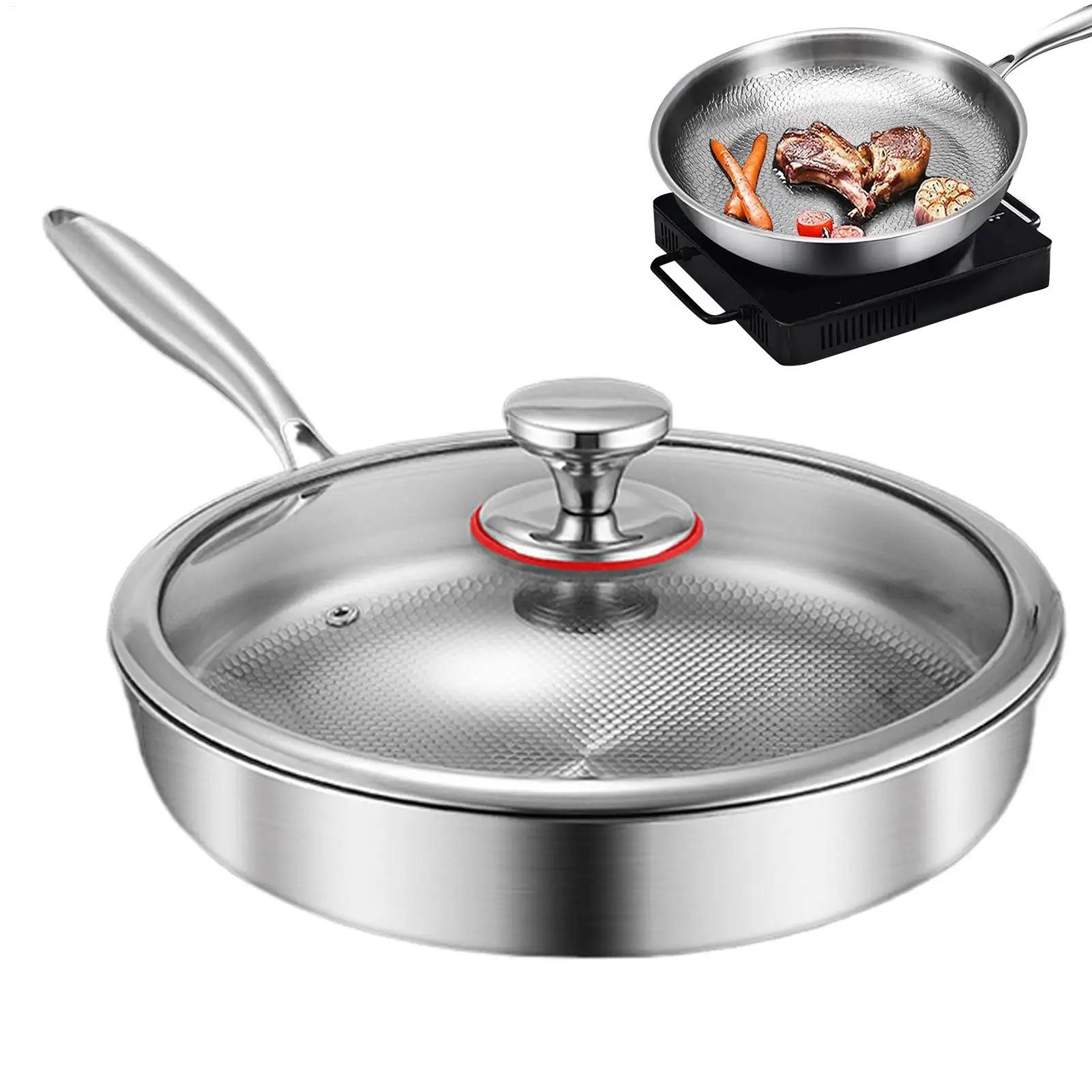 Titan-Bratpfanne mit Glasdeckel, antihaftbeschichtet, gleichmäßige Heizpfanne, unbeschichtete Woks-Pfanne aus Edelstahl, Küchenkochgeschirr, 26/28/30 cm Image