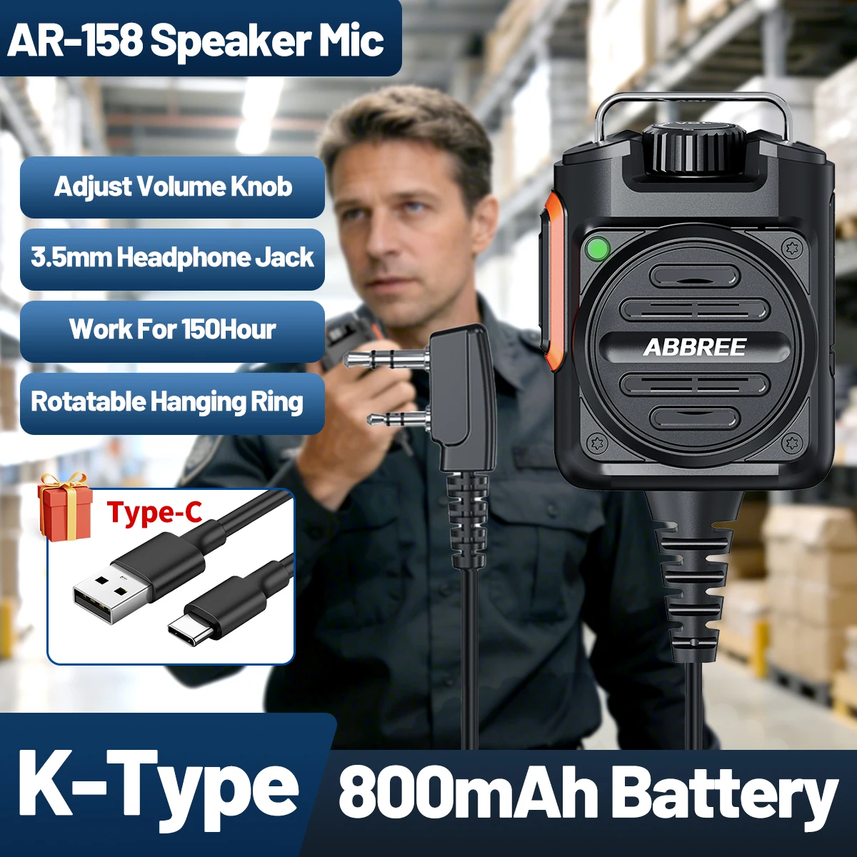 ABBREE AR-158 Lautsprecher-Mikrofon, einstellbare Lautstärke, K-Stecker, hohe Leistung, für Auto-Walkie-Talkie, Baofeng UV-5R Mini Image