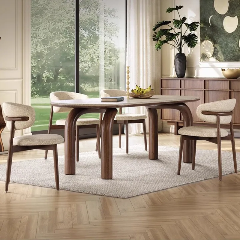 Esstisch aus massivem Holz mit Steinplatten im mittelalterlichen Stil, Travertin, einfacher ovaler Esstisch für Zuhause, kleine Wohnung