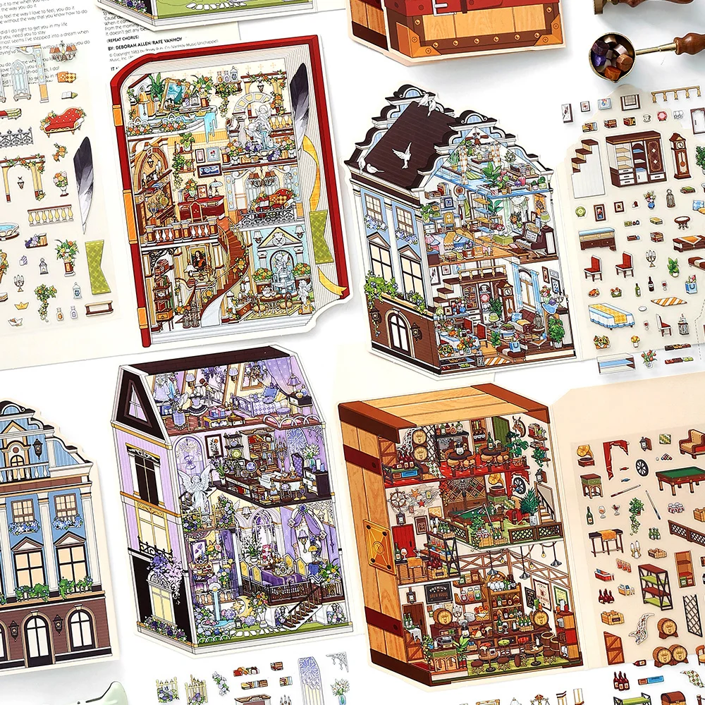 JIAMEI Kawaii 3D Miniatur Szene Cartoon Klapp Hütte Landschaft Aufkleber DIY Handgemachte Stapeln Scrapbook Aufkleber Kind Geschenk Image