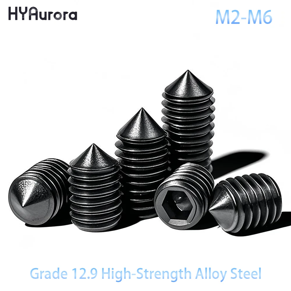 12,9 legierter Stahl, schwarze Oxid-Stellschraube, M2, M2,5, M3, M4, M5, M6, Kegelspitze, Innensechskant DIN 916, für CNC-Maschinen, Automobilindustrie Image