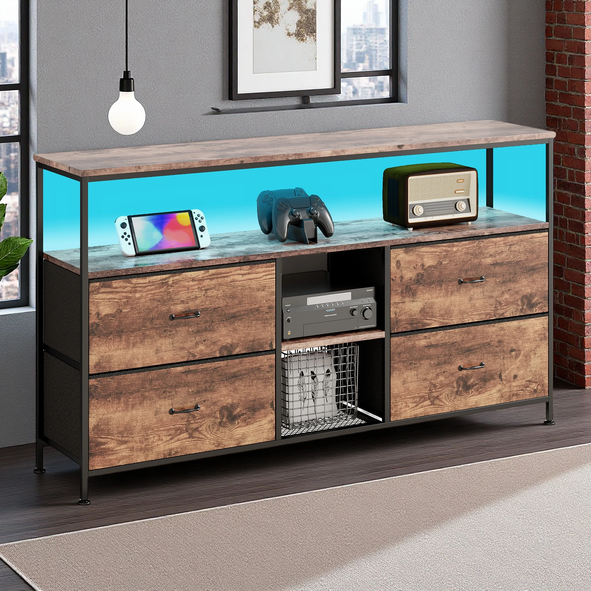 Meuble TV Fangang, meuble de rangement avec éclairage LED, commodes et buffets, meuble de style rétro pour le salon