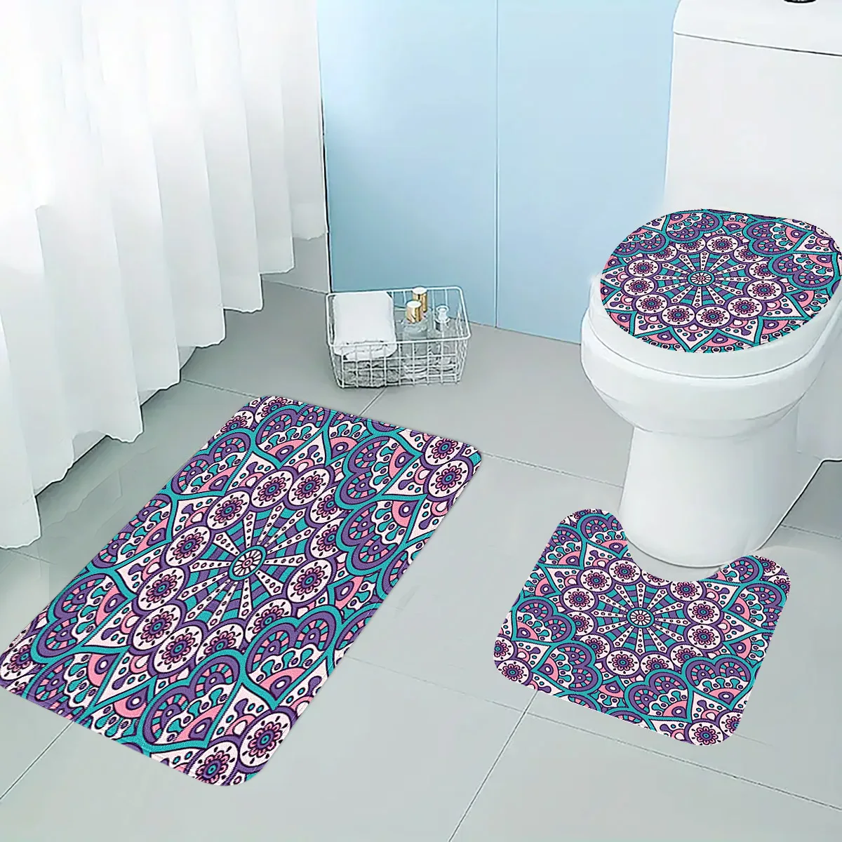 Ensemble de salle de bain bohème Mandala, ensemble simple ou trois pièces, tapis de toilette antidérapant + tapis de sol en forme de U + tapis de pied de salle de bain, ensemble de salle de bain à