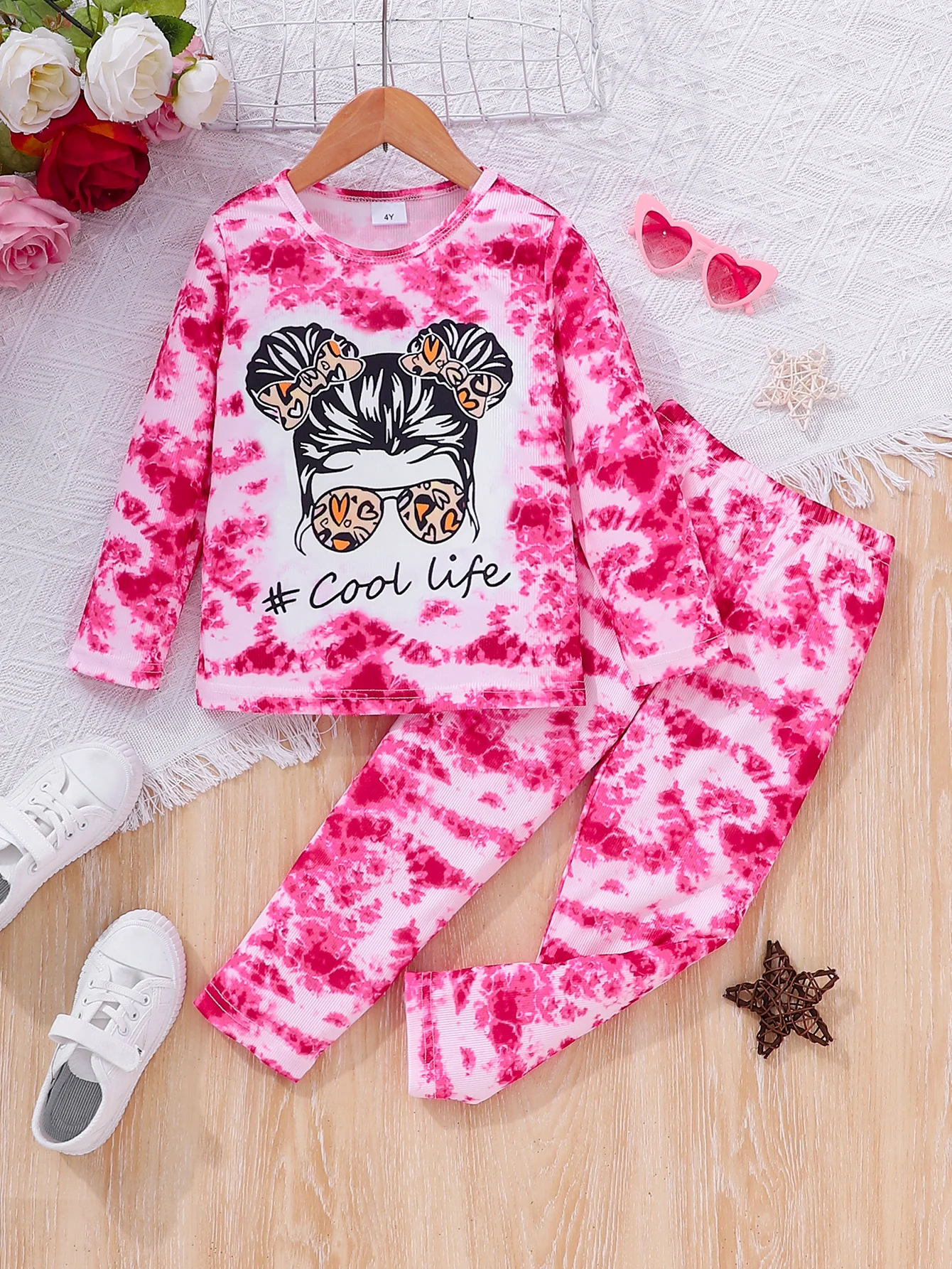 Rosa Batik-Set mit Farbverlauf für Mädchen, langärmliges Oberteil und Hose, bequemes Herbstoutfit aus gestreiftem Stoff mit Cool Life-Slogan-Aufdruck