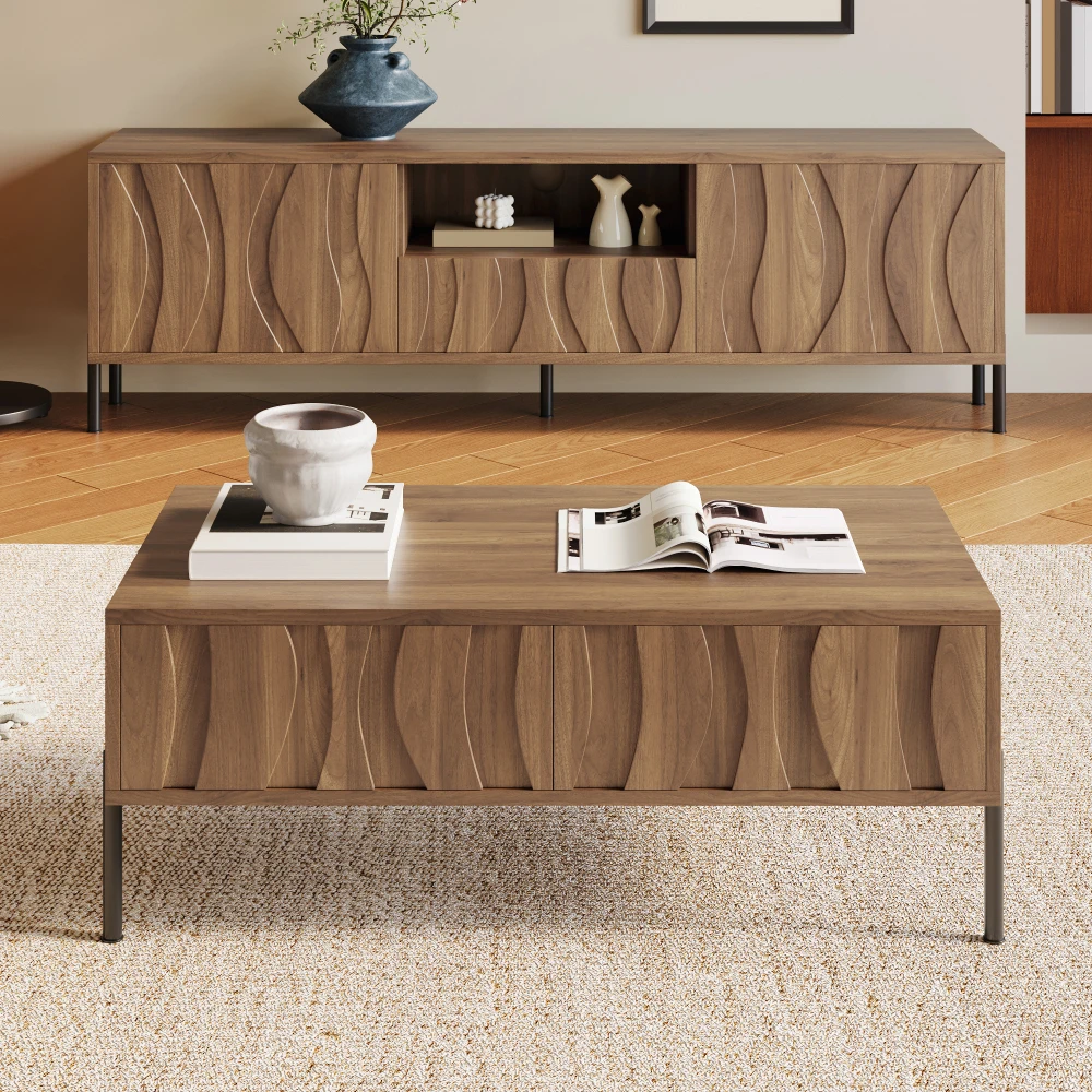 Kombination aus Couchtisch und TV-Ständer aus Massivholz mit Wellenmuster, Naturholzgitter und Aufbewahrungsmöbeln für das Wohnzimmer