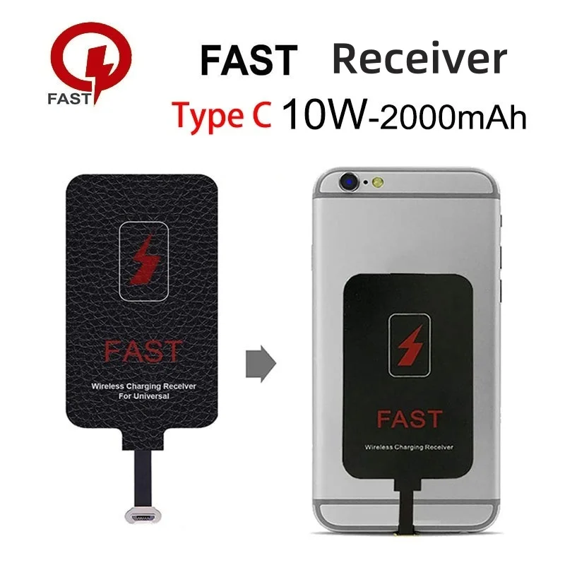 Ricevitore di Ricarica Wireless 10W per Samsung Huawei Xiaomi iPhone 5-7, Adattatore Universale Micro USB Tipo C per Ricarica Wireless Veloce