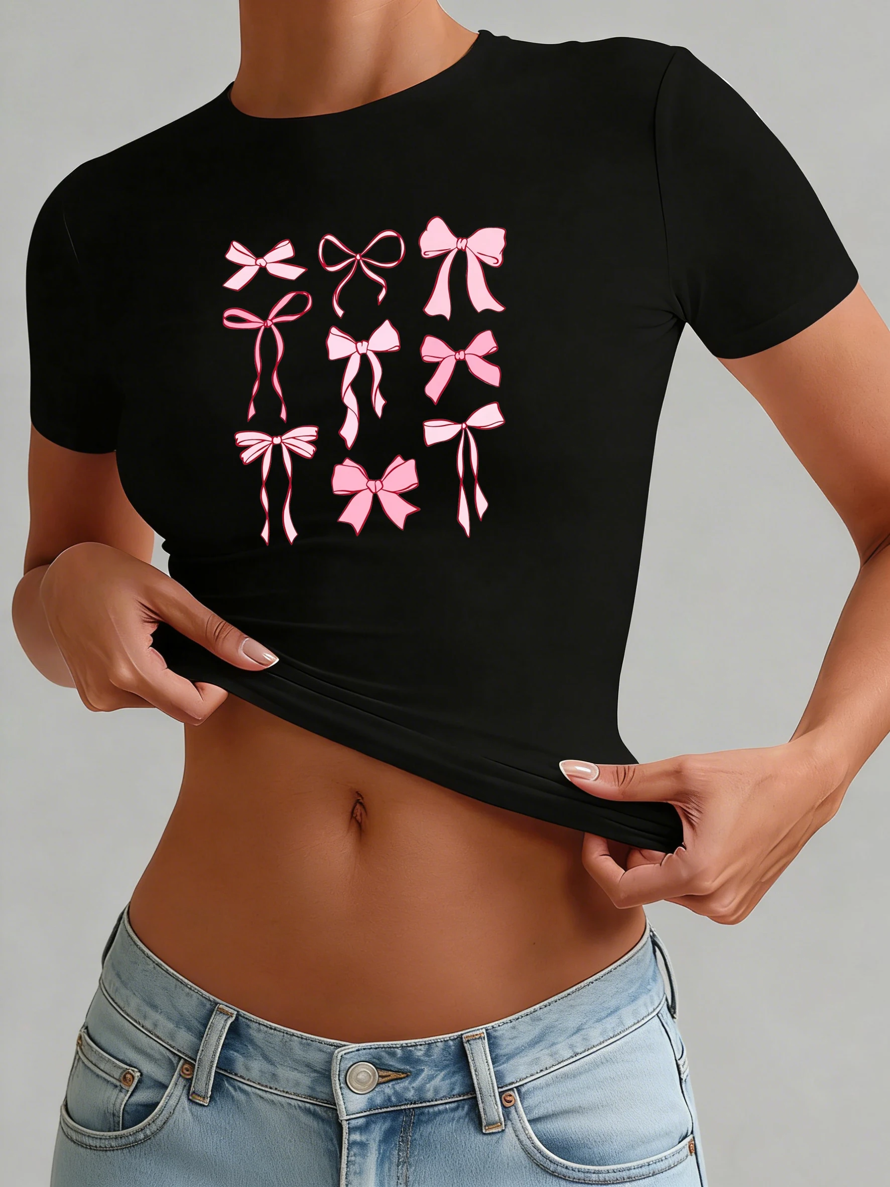 Kreative Rosa Schleife Druck Frauen T-shirt Bequeme Weiche Crop T-Shirt Hip Hop Sommer Kleidung Crewneck Y2K Schlank Streetwear