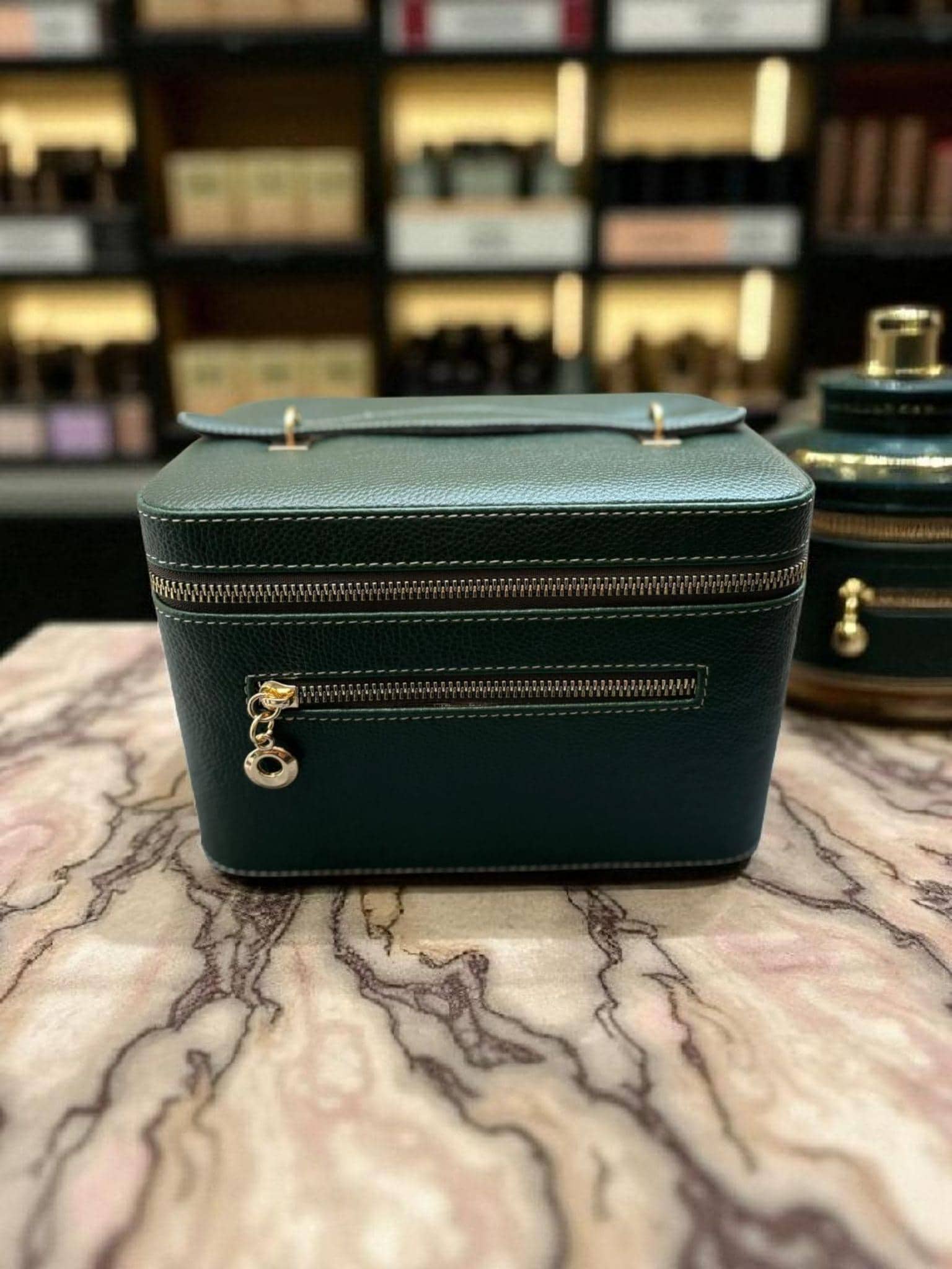 Borsa per il trucco in pelle vegana - Organizer per cosmetici verde kaki, beauty case da viaggio e beauty case, portagioie portatile con specchio
