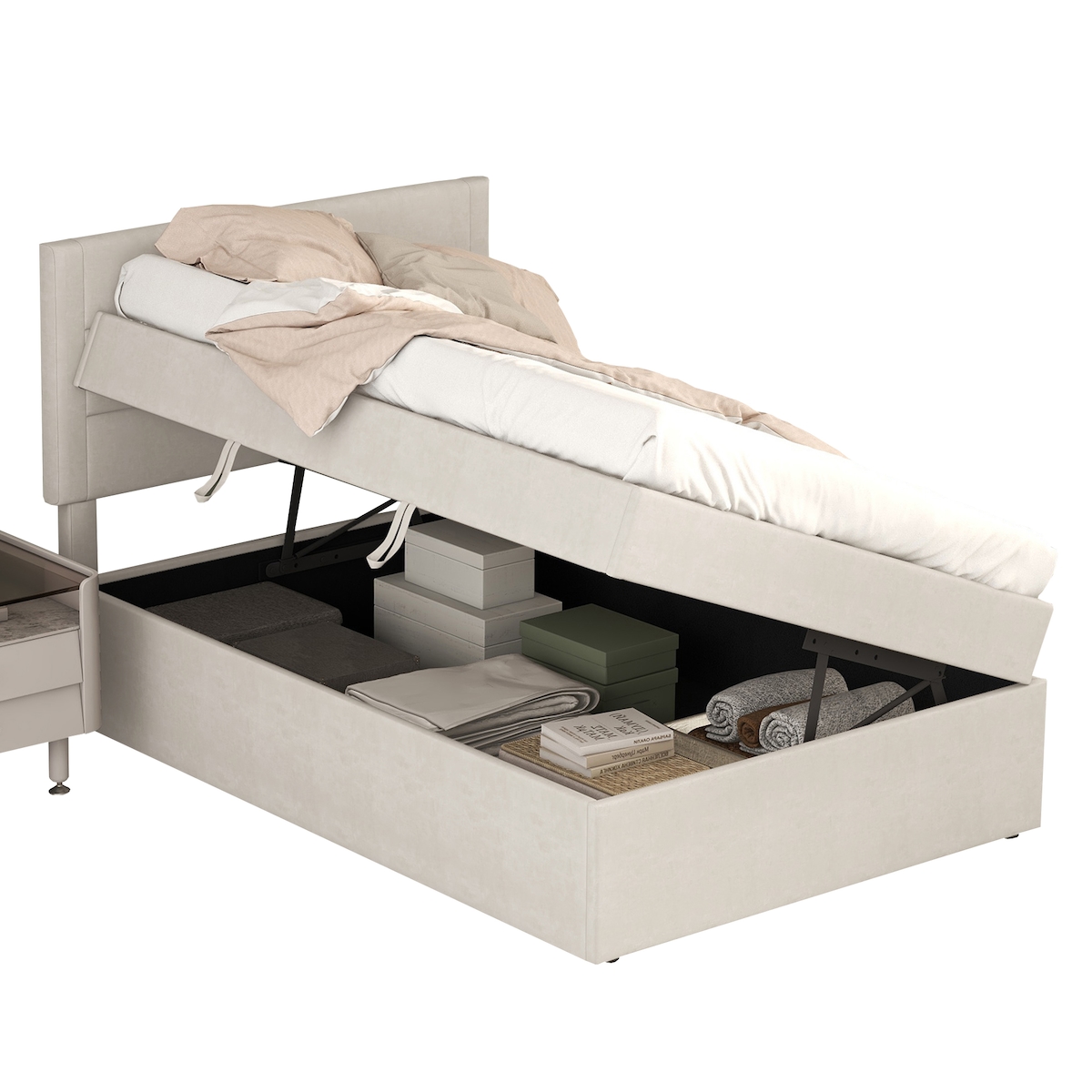 STILVORA Einzelbett Polsterbett 90x200 cm mit Lattenrost und großem Stauraum in Beige – ideal für minimalistisches Wohnen Image
