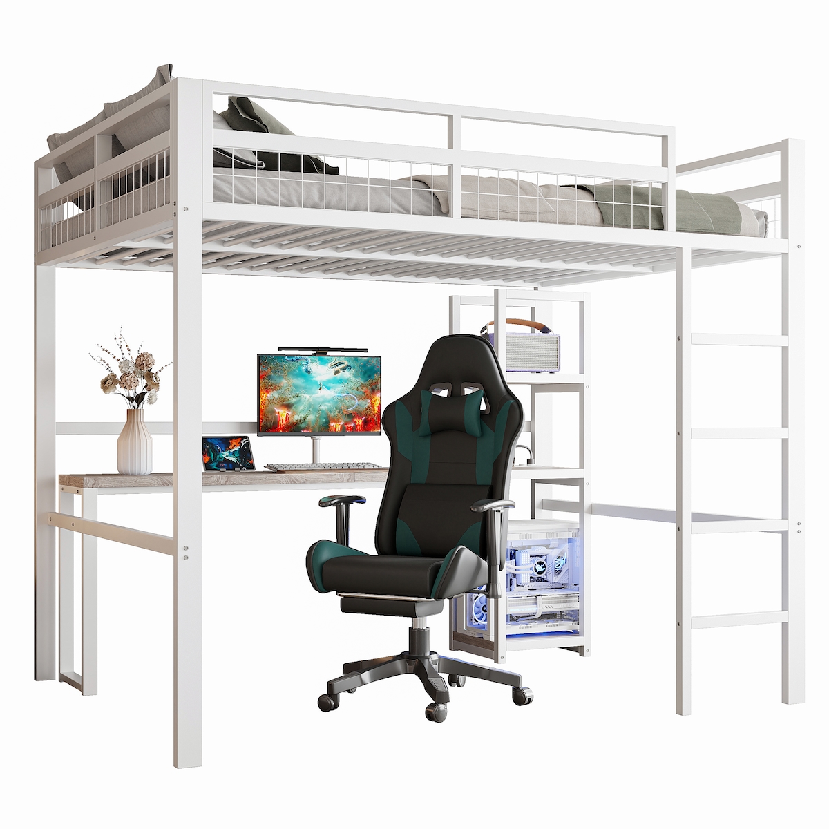 MODFU Hochbett 140x200 Eisenrahmen mit Schreibtisch, Regalen, USB- und Type-C-Anschlüssen, Weiß, robustes Design, ideal für Home-Office und Stauraum Image
