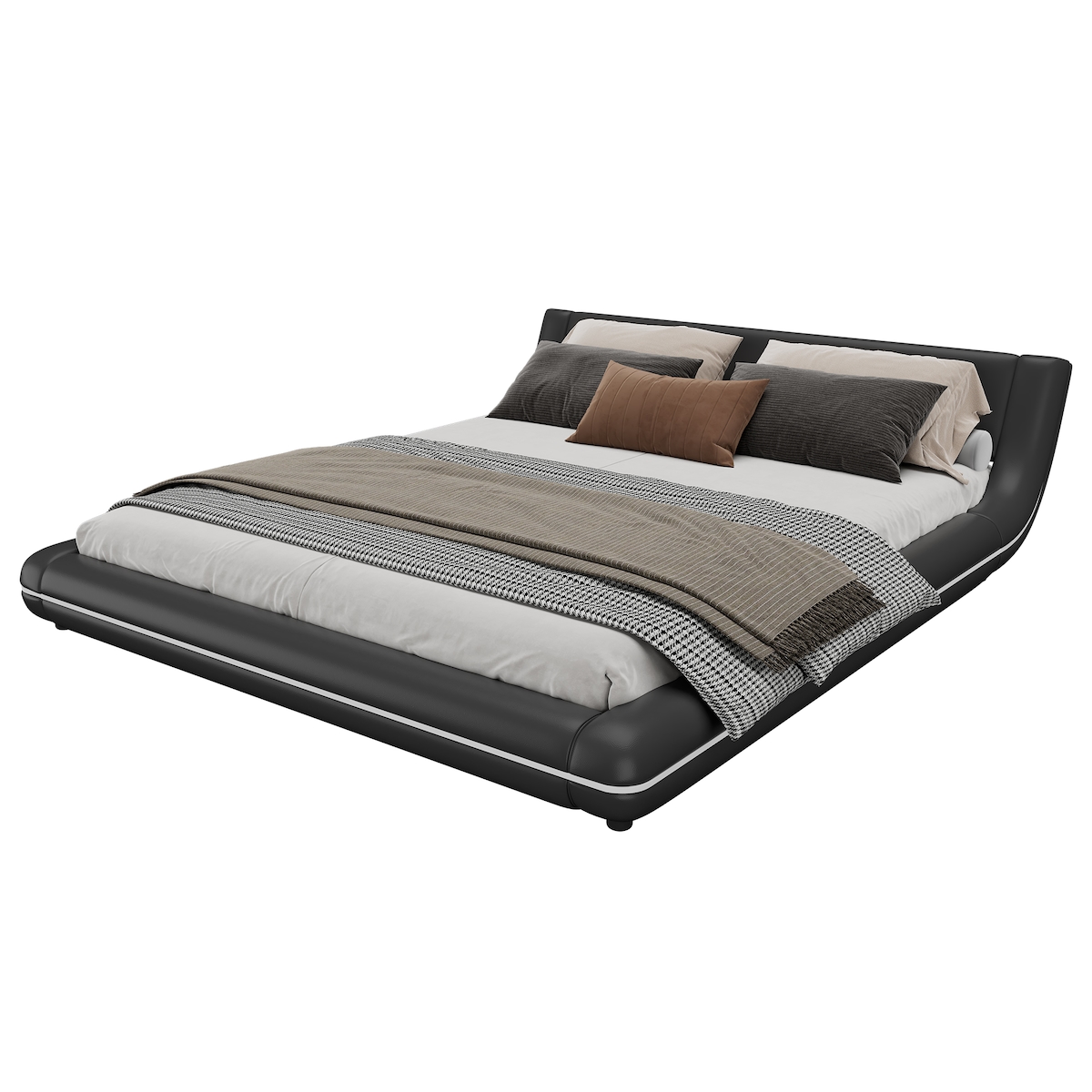 OKWISH Flachbett 160x200 cm mit LED-Umgebungsbeleuchtung, PU-MDF, Farbwechsel, App-Steuerung, modernes Design, Schwarz Image