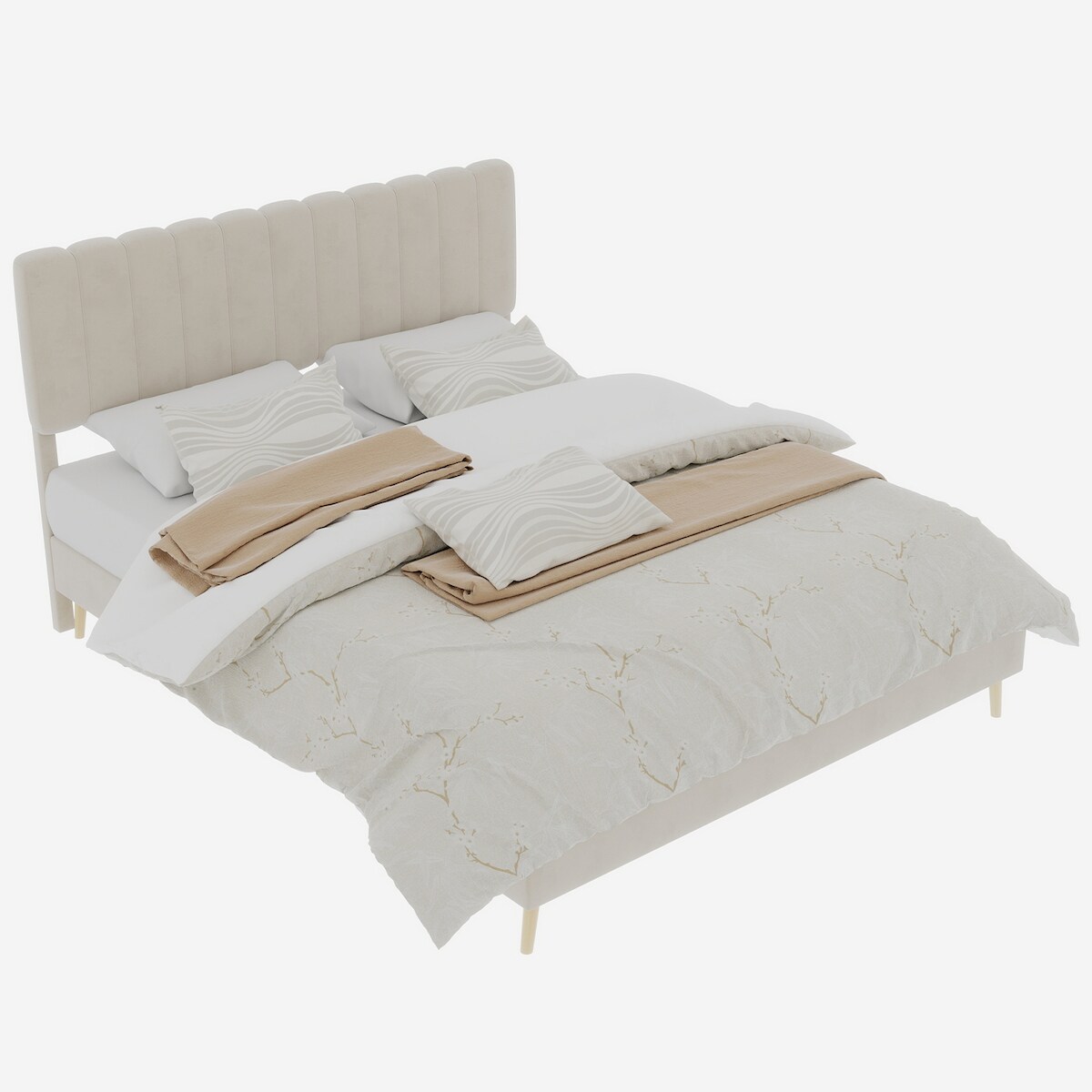 OKWISH Polsterbett Doppelbett Samtbett modernes Bettgestell stabiler Holzrahmen Komfortbett Schlafzimmer Design ohne Stauraum 140x200 Beige Image