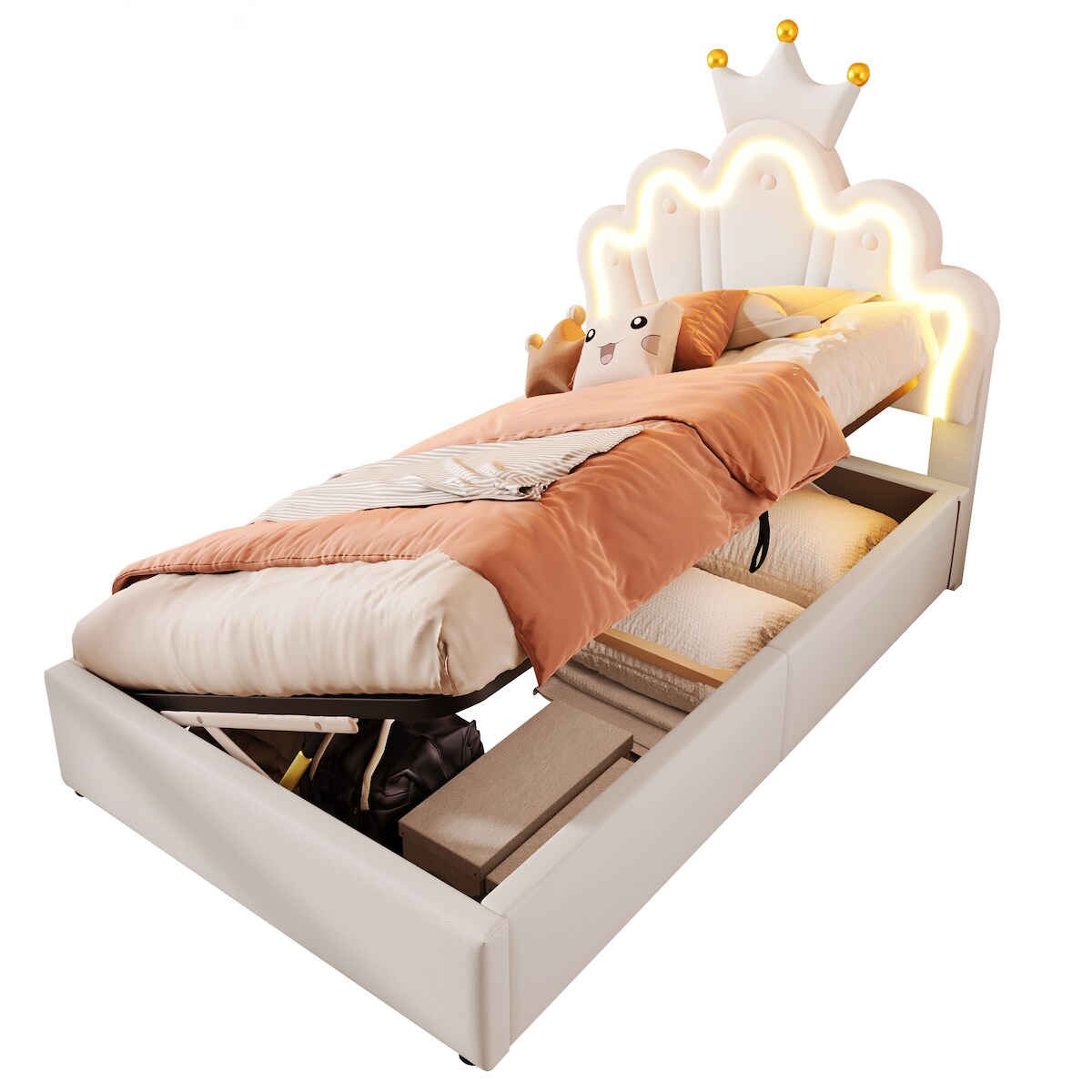 STILVORA Polsterbett 90x200 hydraulisch LED-Lichtband PU MDF Stauraum Lattenrost verstellbares Kopfteil Modern Komfort Weiß Image