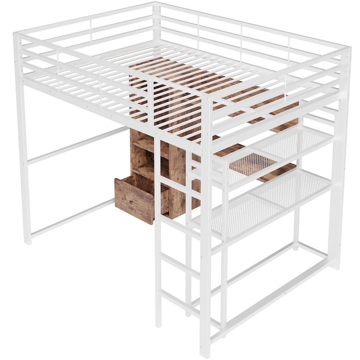 OKWISH Hochbett 140x200 mit LED-Beleuchtung und Schreibtisch, stabiles Metallbett mit Stauraum, modernes Funktionsbett für Schlafzimmer und Studio Weiß Image