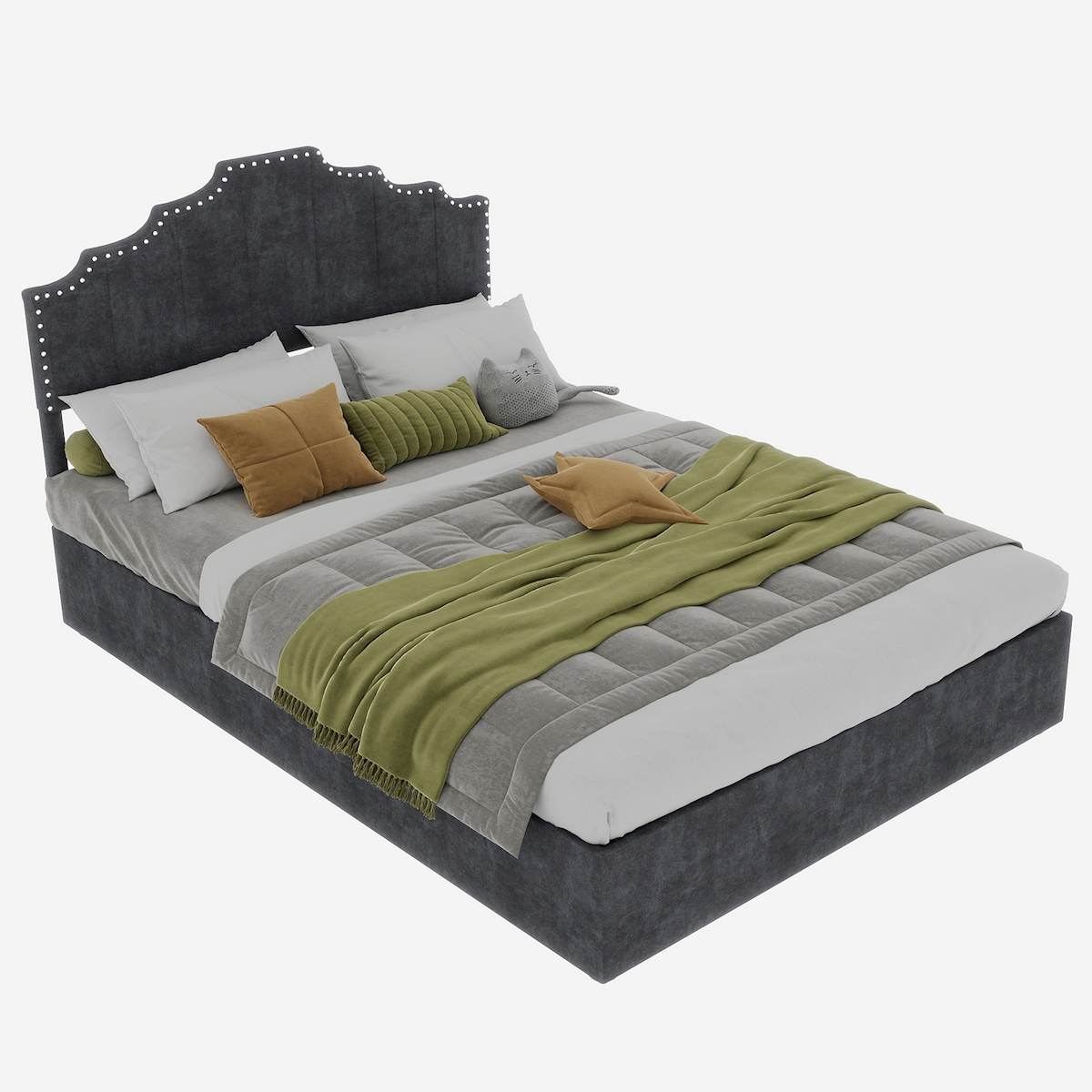 MODFU Modernes minimalistisches Bett 160x200 cm mit trendigem Kopfteil in Grau - Funktionales Schlafzimmermöbel Image