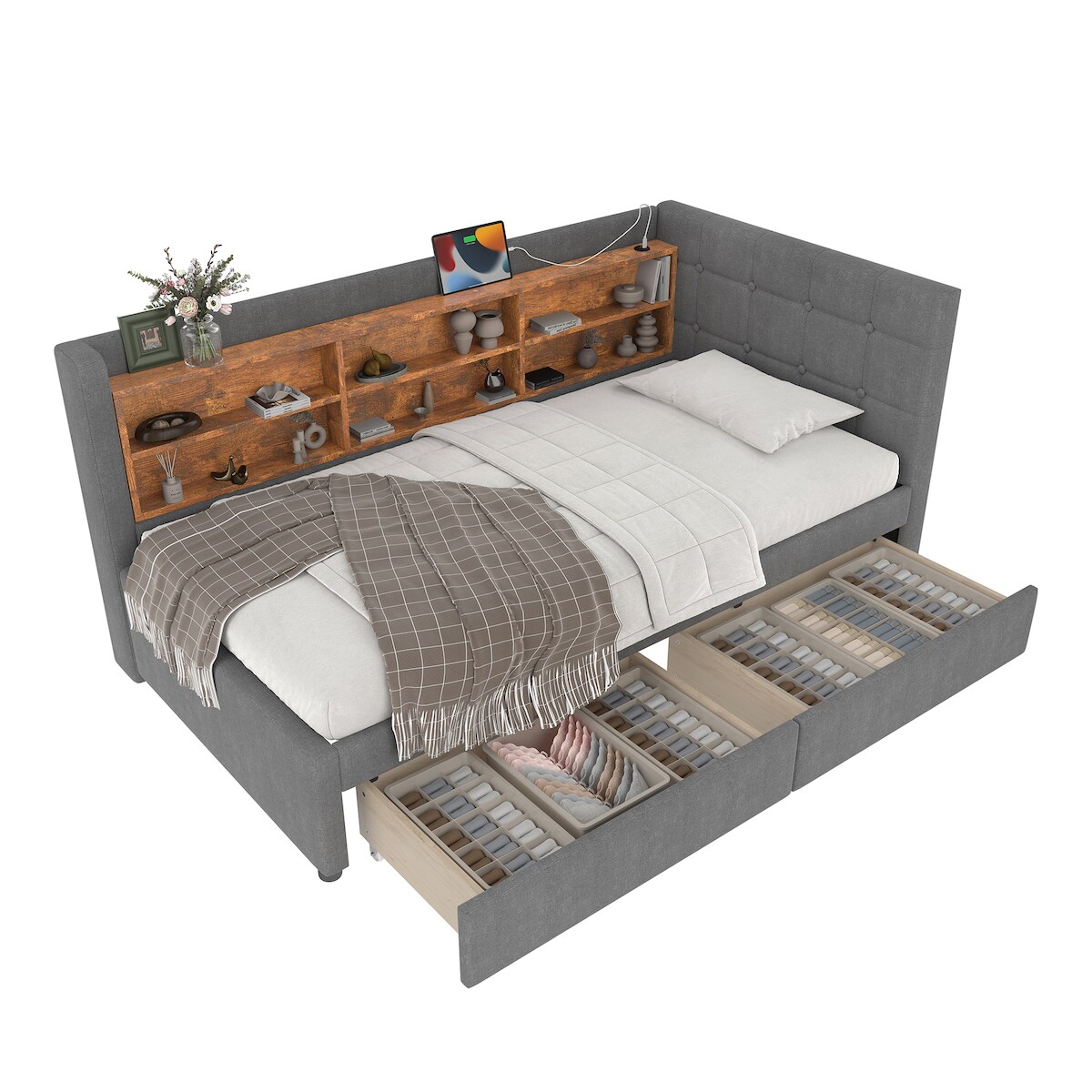 MODFU Daybett 90x200 mit 2 Schubladen, USB- und Typ-C-Anschlüssen, Graues Leinen, Elegantes Schlafsofa mit Stauraum Image
