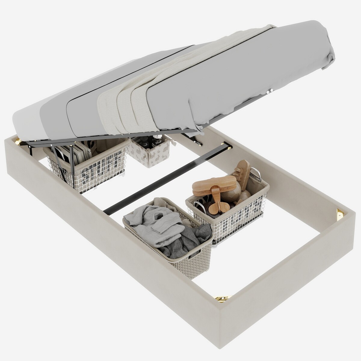 MODFU Modernes minimalistisches Bettgestell 90x200 cm in Beige aus Stoff und Metall, mit pneumatischer Stangenaufbewahrung – stylisches Schlafzimmermöbel Image