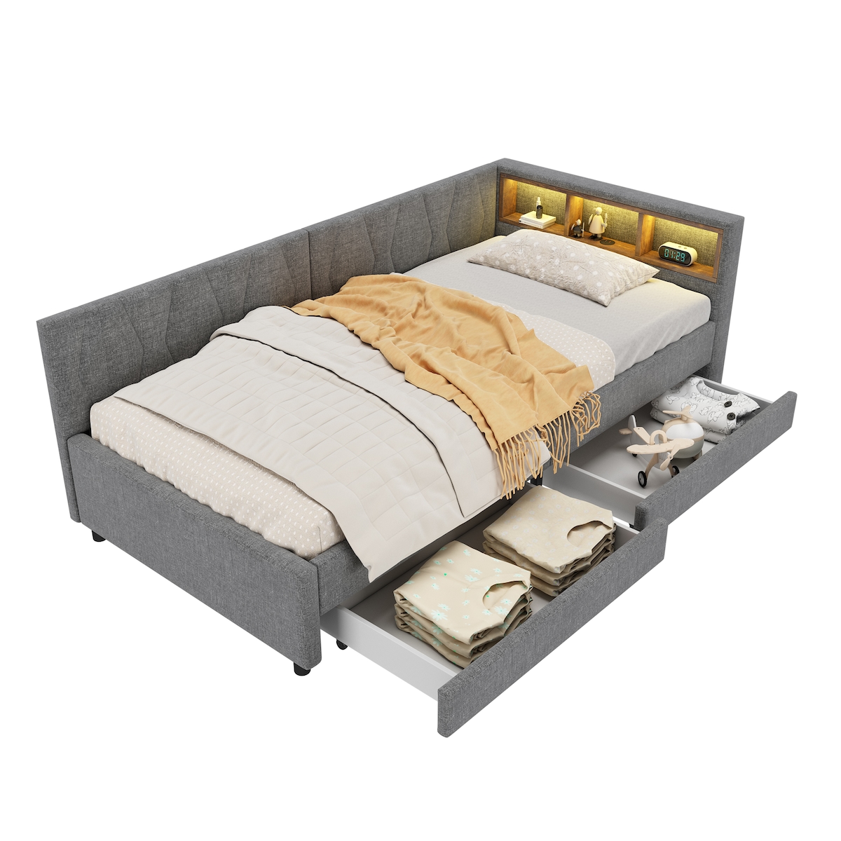 OKWISH Daybett 90x200 mit LED-Beleuchtung und USB+Typ C – Funktionales Design mit Stauraum und praktischen Anschlüssen in Grau Image