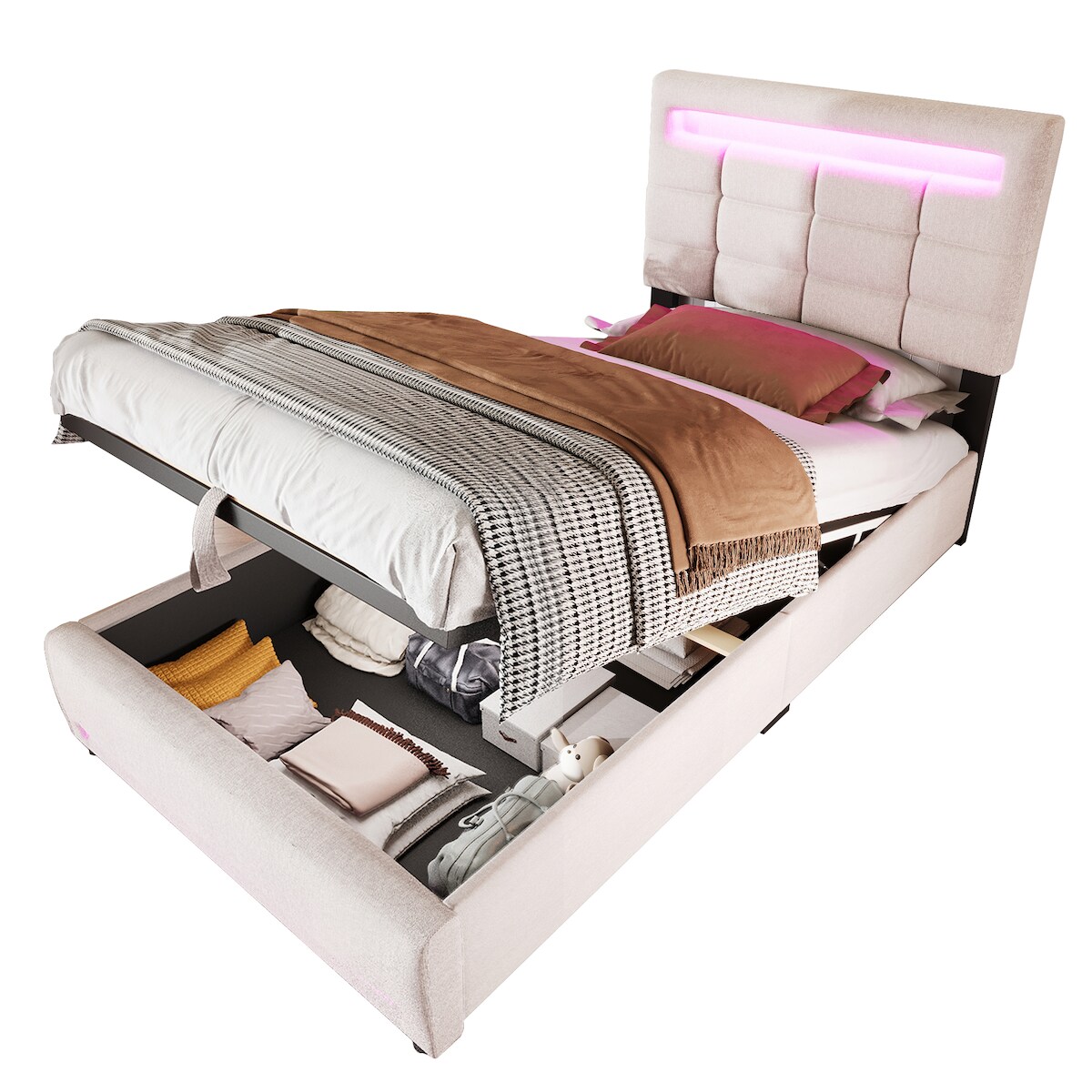 STILVORA Polsterbett 90x200 cm, mit APP-Fernbedienung, LED-Beleuchtung, hydraulischer Stauraum, ohne Matratze, Leinen, Beige Image