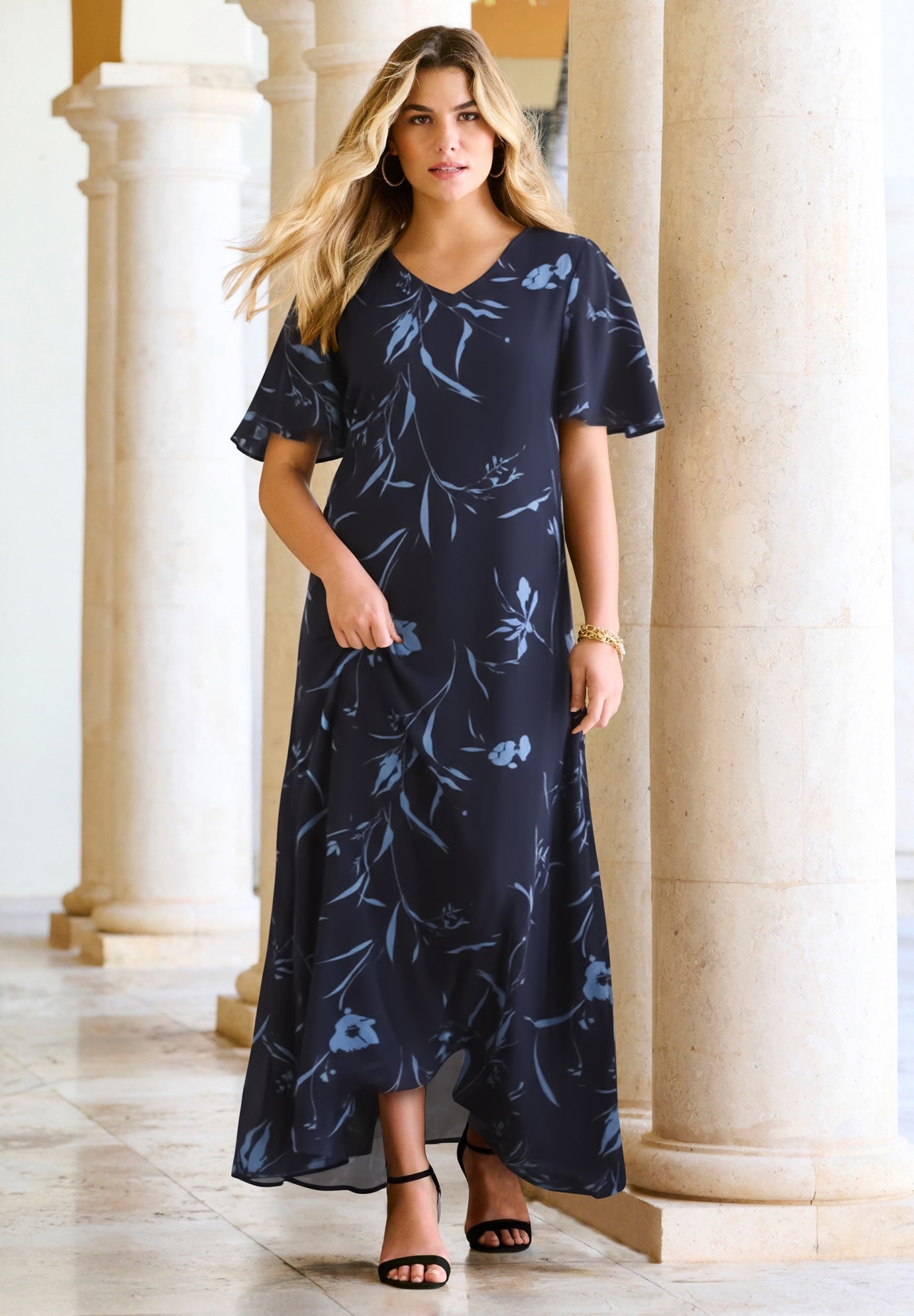 Plus Size Women's Plus Size Hand Crinkled Flutter-Sleeve Maxi Dress by Roaman's in Navy Blue Floral (Size 30/32)