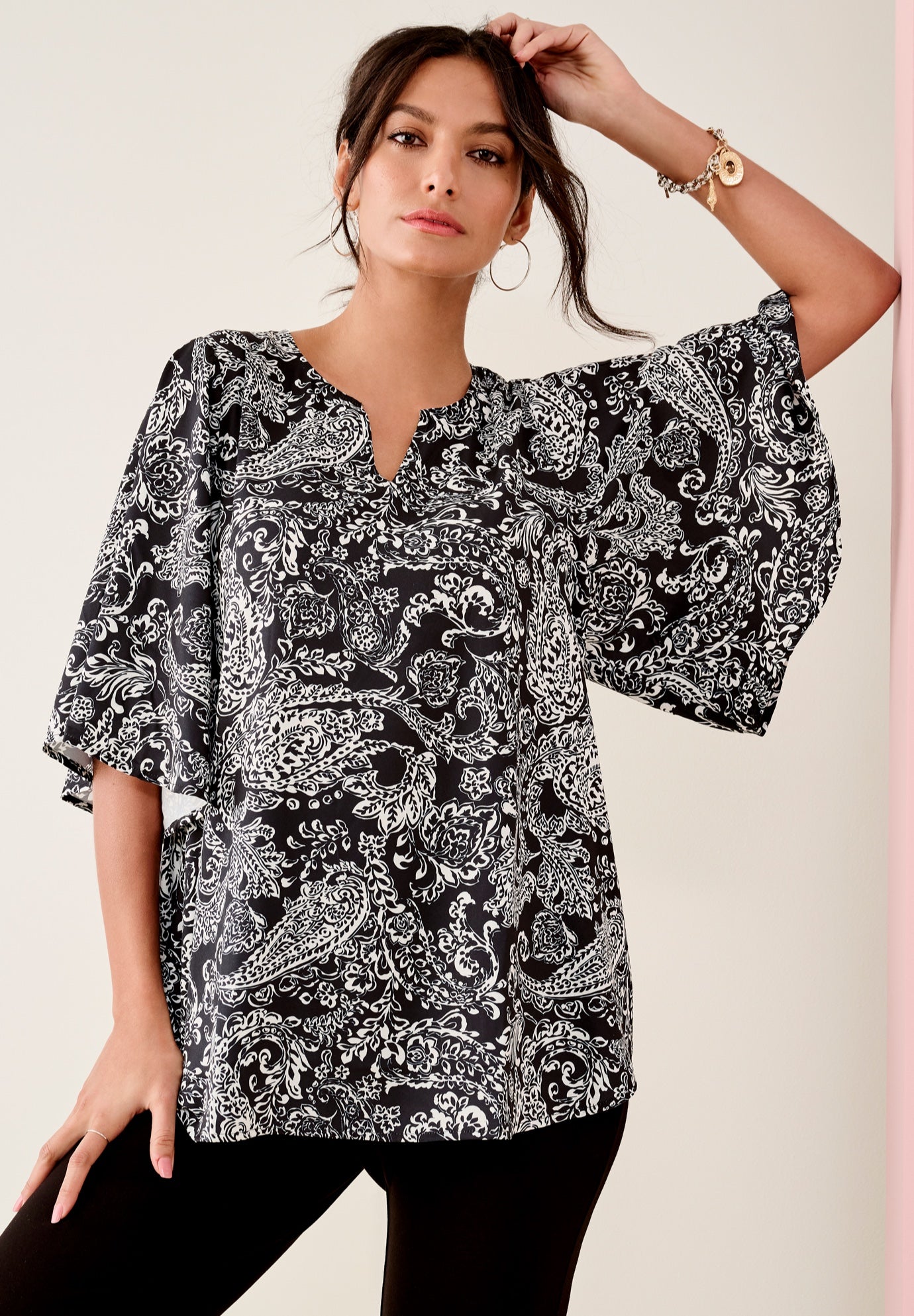 Plus Size Women's Notch-Neck Flutter-Sleeve Blouse by Roaman's in Black Ivory Paisley (Size 28 W)