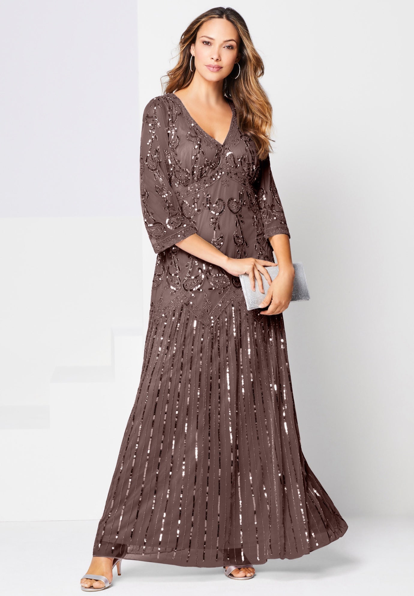 Plus Size Women's Plus Size Beaded V-Neck 3/4 Sleeve Sleeve Maxi Gown by Roaman's in Deep Taupe (Size 14 W) Formal Evening