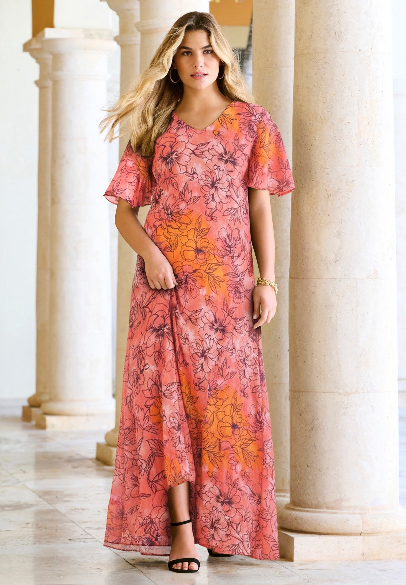 Plus Size Women's Plus Size Hand Crinkled Flutter-Sleeve Maxi Dress by Roaman's in Coral Tie Dye Floral (Size 14/16)