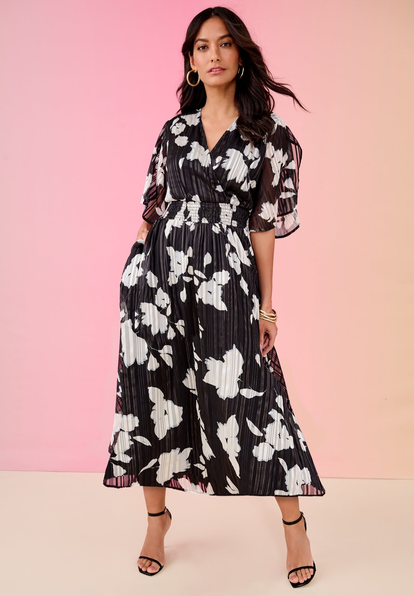 Plus Size Women's Striped Lurex Maxi Dress by Roaman's in Black Silhouette Floral (Size 28 W)