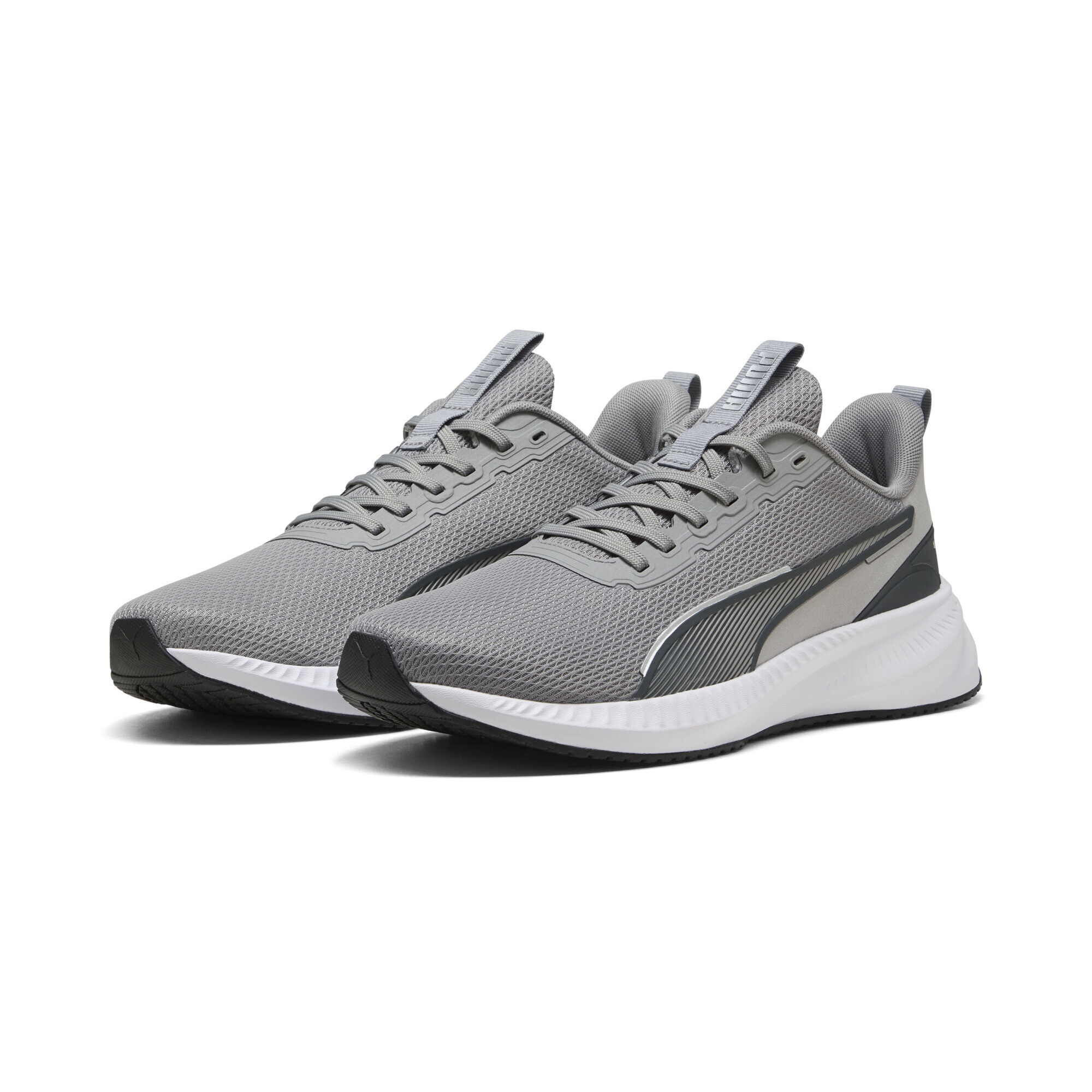 Trainingsschuh PUMA "Flyer Lite 3 Laufschuhe Erwachsene", Damen, Gr. 44, gray echo shadow schwarz silber, Obermaterial: Textil, Synthetik; Futter: Textil; Innensohle: Textil; Laufsohle: Synthetik, Gummi, Schuhe