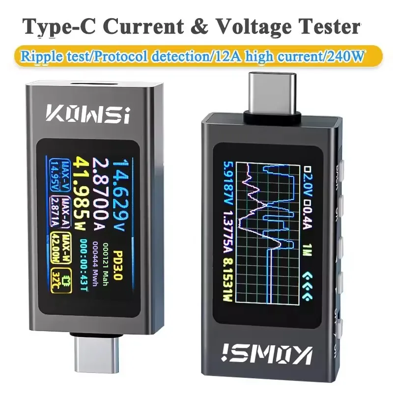 KWS-X1 Typ-C Strom- und Spannungsmonitor DC 4-30 V 0-12 A Leistungsmesser Tester PD Batteriekapazität Digitales LCD-Display Image
