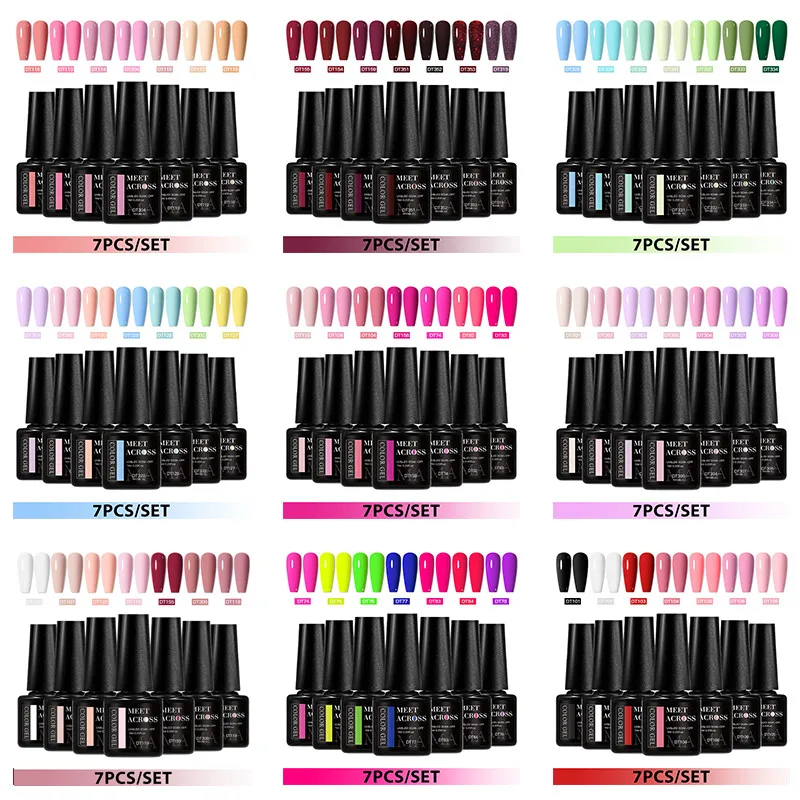 7-teiliges Gel-Nagellack-Set, HEMA-frei, rosa, rot, glitzernd, semi-permanent, Soak Off UV-Gel-Lack, Nagelkunst, Dekoration, Nagelzubehör, DIY Image