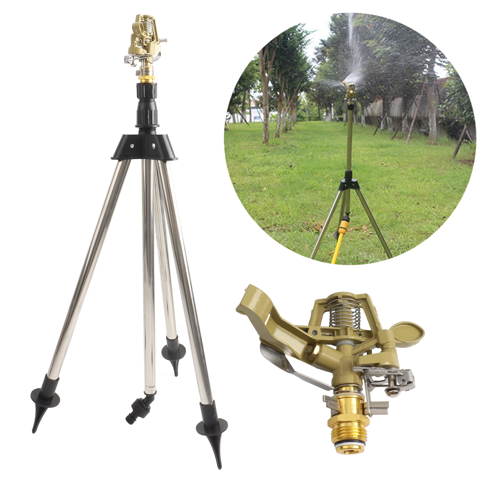 Schlagsprinkler auf Spike-Basis, robuster Wassersprinkler aus Zinklegierung für Hof, Rasen, Garten, 0–360 ° Drehen Sie die große Flächenabdeckung 1/2' Image